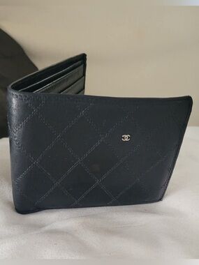 Authentic CHANEL Black Quilted Leather Card Wallet with CC Charm